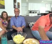 Step dad sleeping while daughter bangs his friend